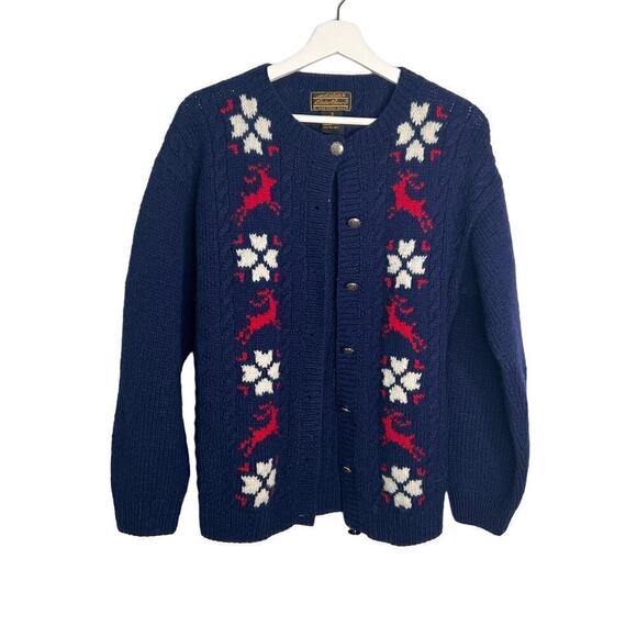 Vintage Eddie Bauer 1989 100% Wool Knit Cardigan Sweater Navy Blue Size S - Picture 1 of 6